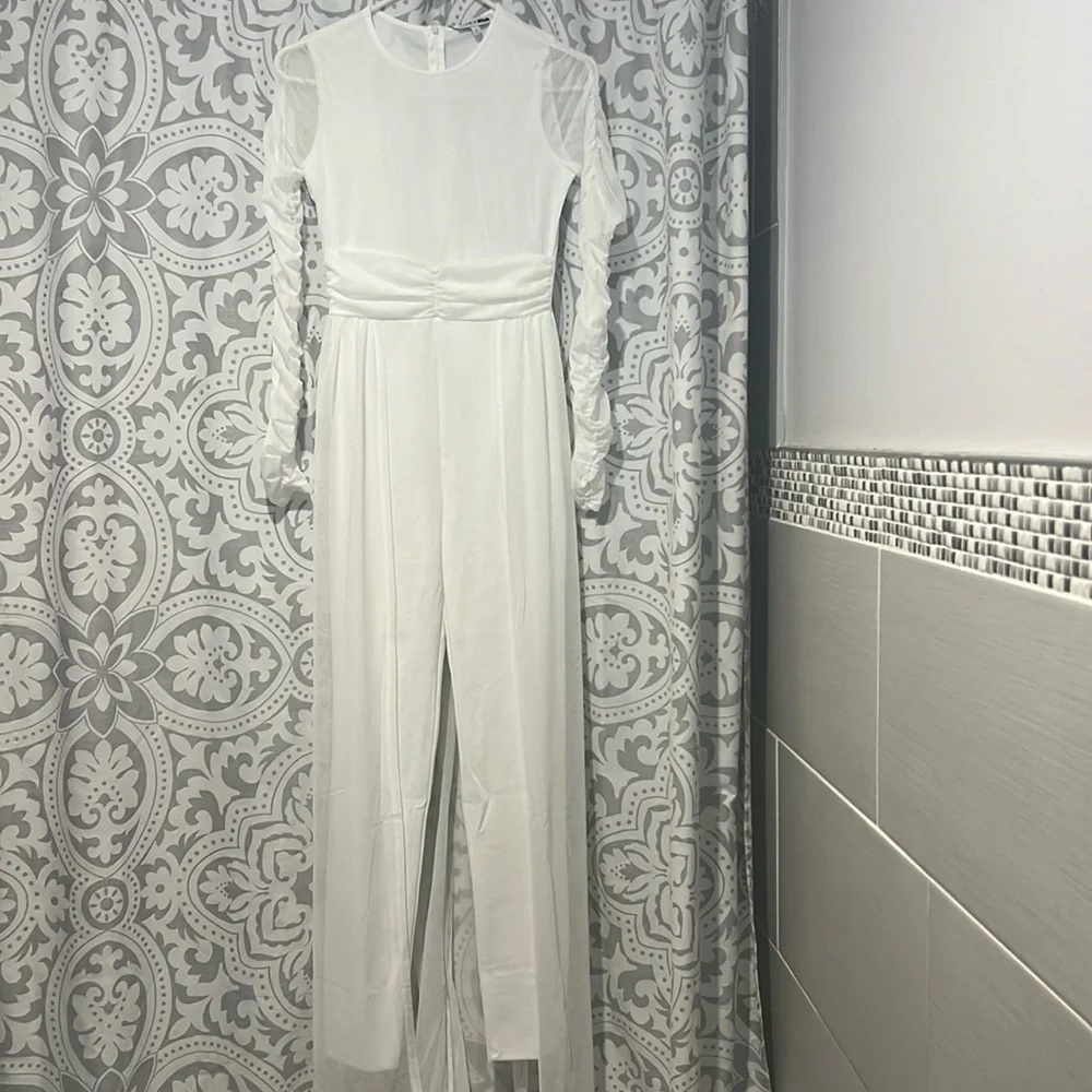 Fashion Nova white tulle long sleeve jumpsuit - Picture 5 of 8